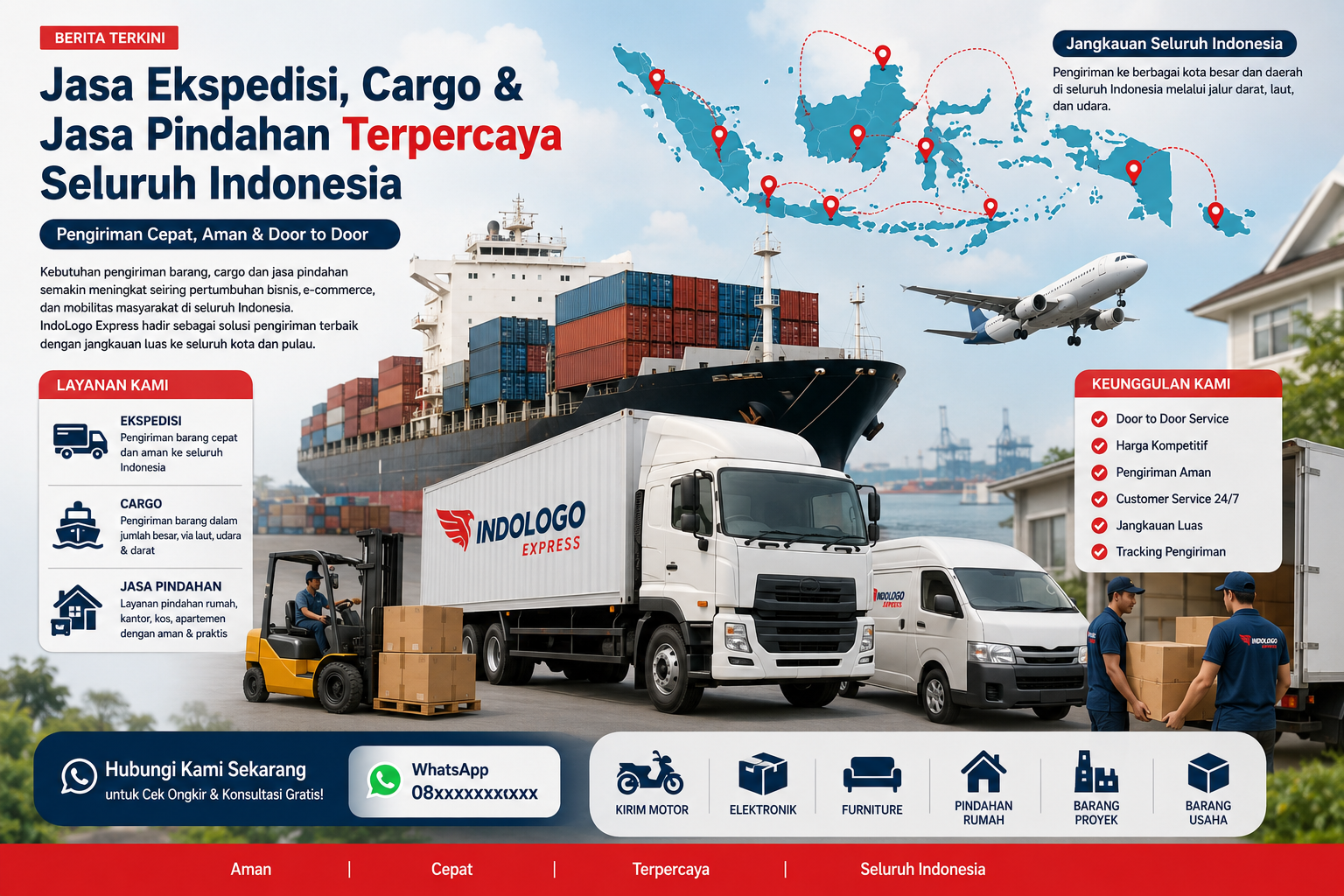 Truk ekspedisi IndoLogo Express mengirimkan kargo antar pulau di jalan tol Indonesia.